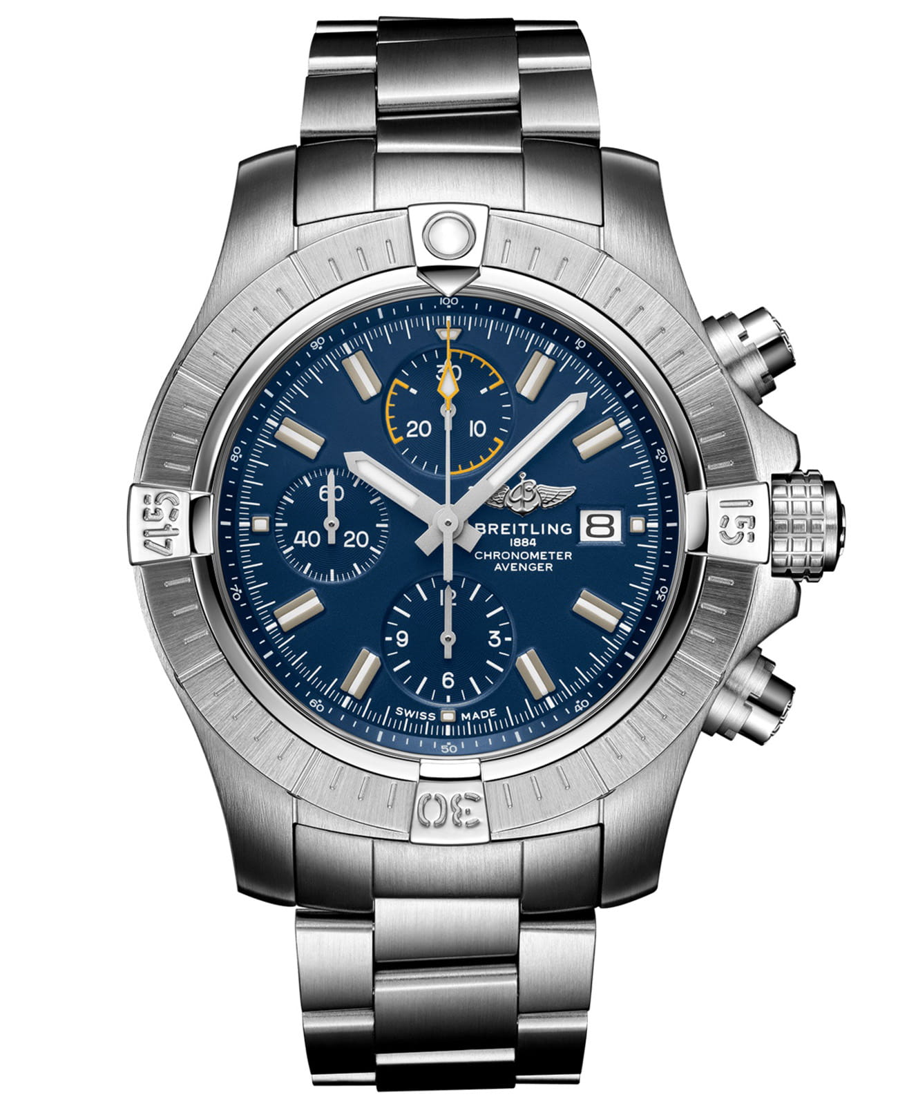 Breitling Breitling Avenger Chronograph 45 A13317101C1A1  A13317101C1A1 механические мужские часы синий циферблат, браслет нержавеющая сталь — вид спереди