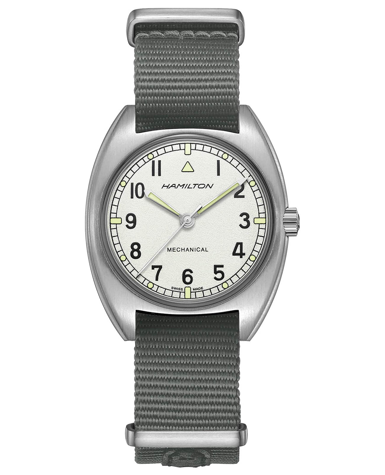 Hamilton Hamilton Khaki Aviation Pilot Pioneer Mechanical H76419951  H76419951 механические мужские часы белый циферблат, браслет тканевый — вид спереди