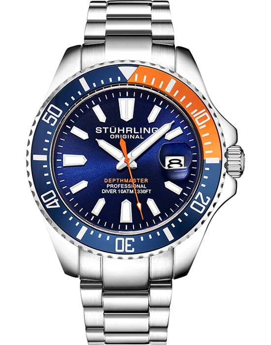 Stuhrling Stuhrling Aquadiver 3950A.12  3950A.12 кварцевые мужские часы черный циферблат, браслет нержавеющая сталь — вид спереди