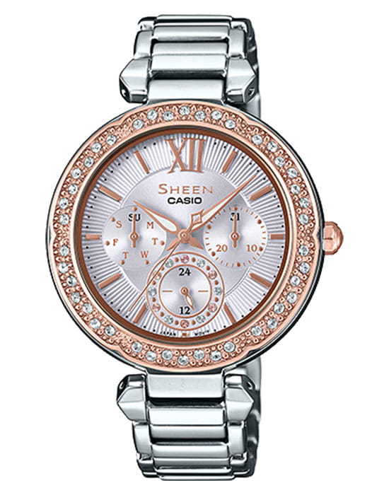 Casio Casio Sheen SHE-3061SG-4AUDR  SHE-3061SG-4A кварцевые женские часы серебристый циферблат, браслет нержавеющая сталь — вид спереди
