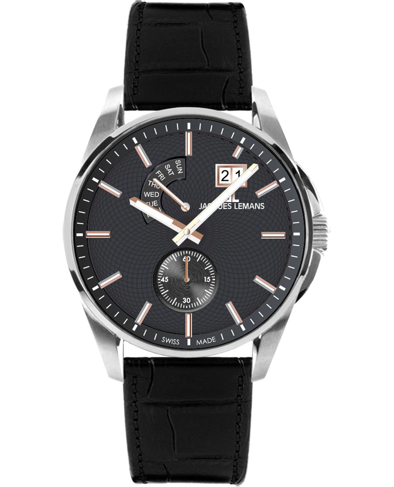 Jacques Lemans Jacques Lemans Derby 1-2199A  1-2199A кварцевые мужские часы черный циферблат, браслет кожаный — вид спереди