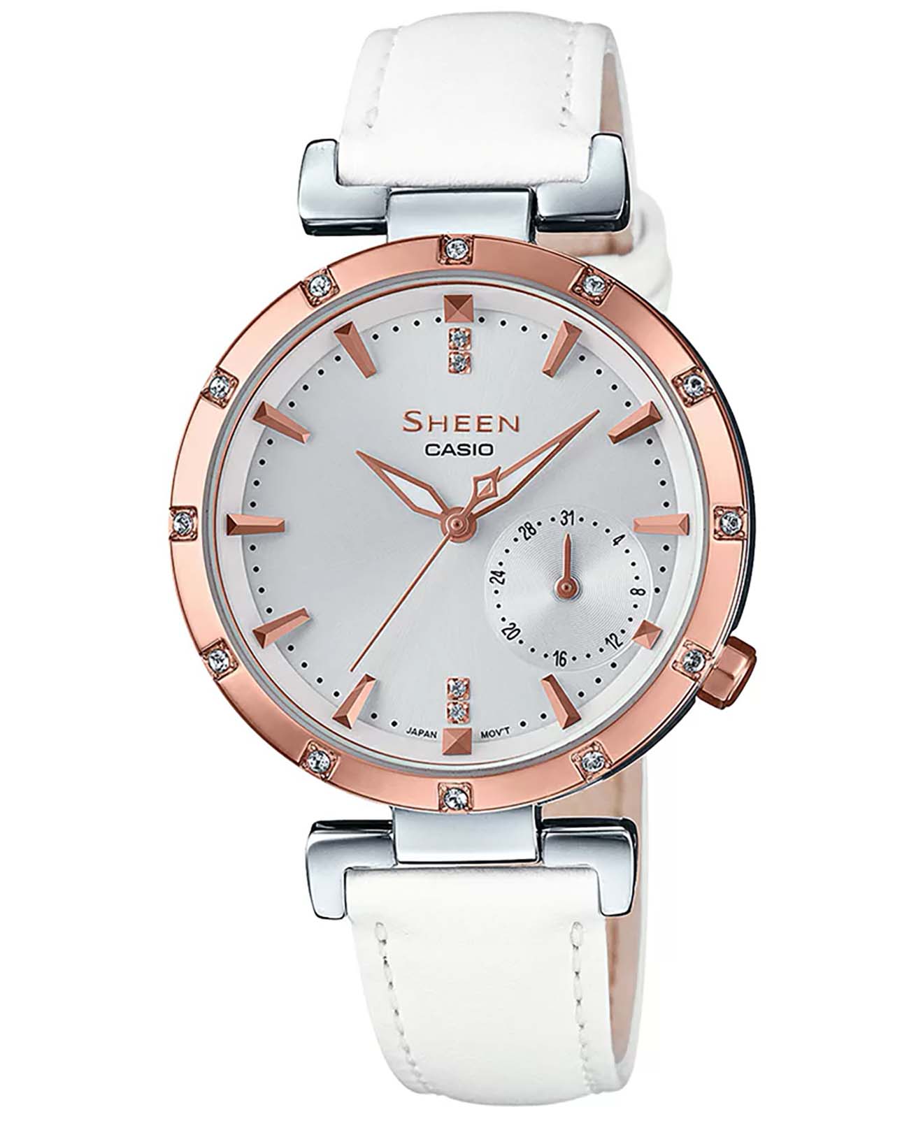 Casio Casio Sheen SHE-4051PGL-7A  SHE-4051PGL-7A кварцевые женские часы белый циферблат, браслет кожаный — вид спереди