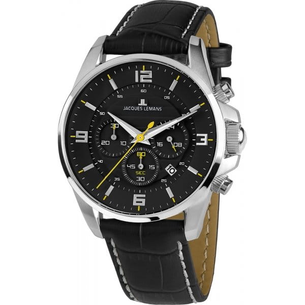 Jacques Lemans Jacques Lemans 1-1857A  1-1857A кварцевые мужские часы черный циферблат, браслет кожаный — вид спереди