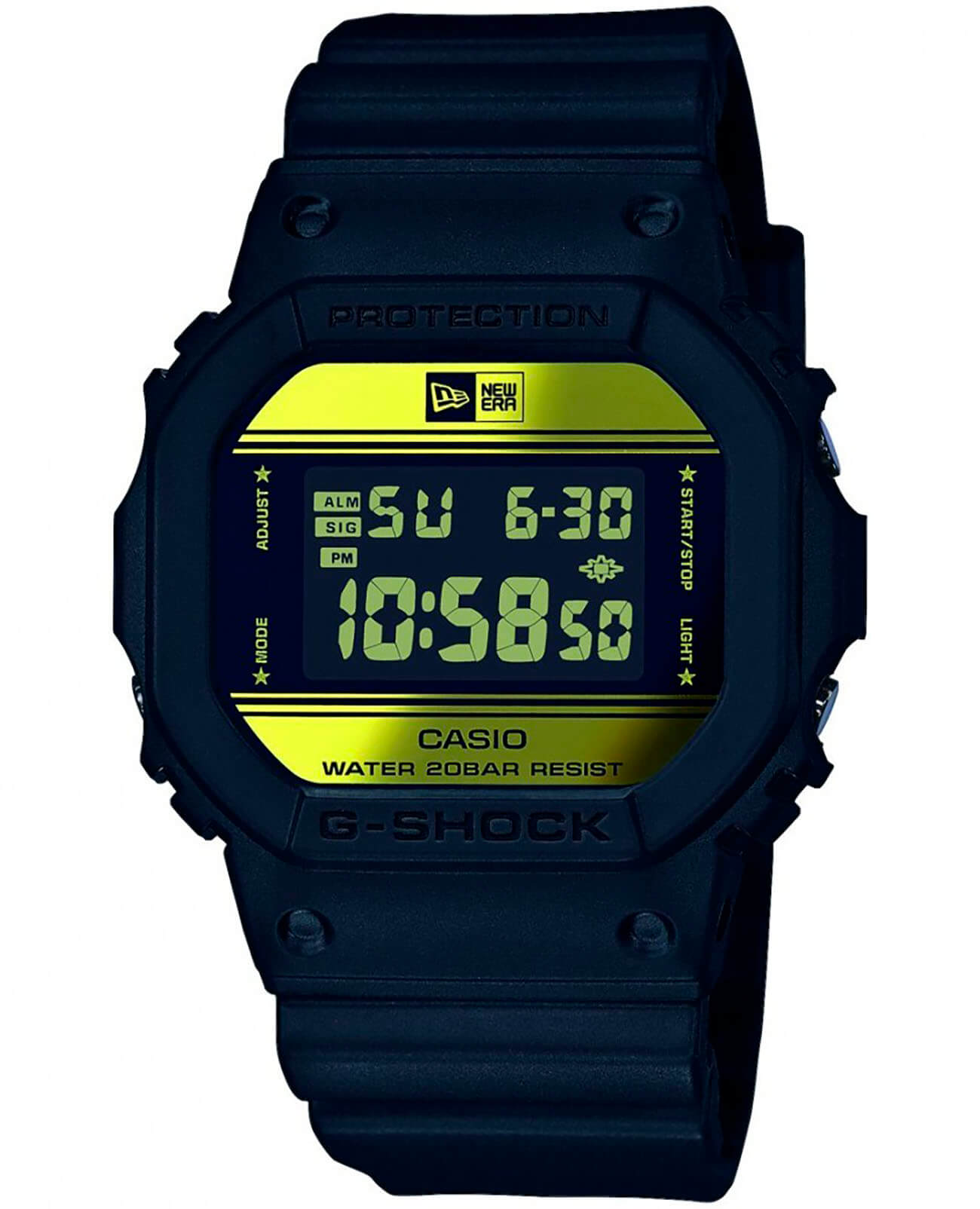 Casio Casio G-Shock DW-5600NE-1 DW-5600 DW-5600NE-1ER электронные мужские часы желтый циферблат, браслет пластик — вид спереди