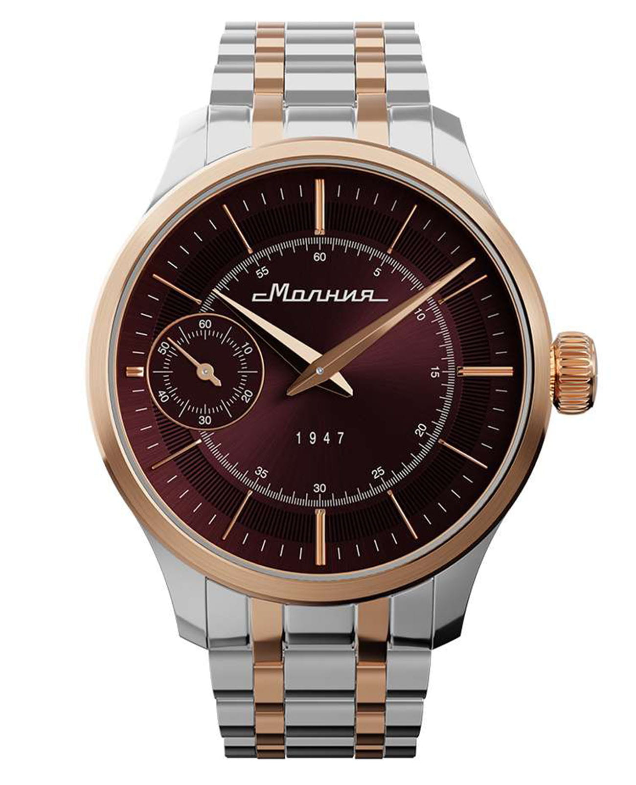 Молния Молния Дебют 0200105-1.0  0200105-1.0 механические мужские часы красный циферблат, браслет нержавеющая сталь с pvd-покрытием — вид спереди