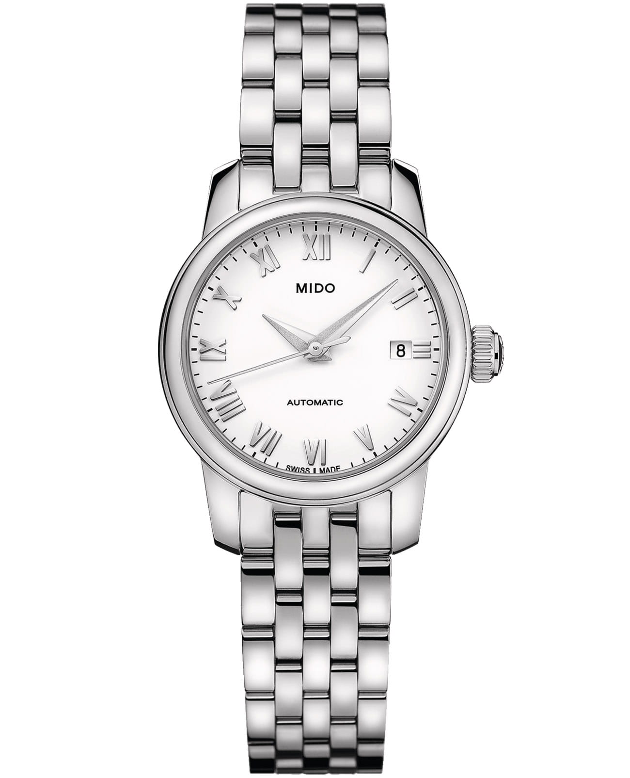 Mido Mido Baroncelli Lady Twenty Five M039.007.11.013.00  M0390071101300 механические женские часы белый циферблат, браслет нержавеющая сталь — вид спереди