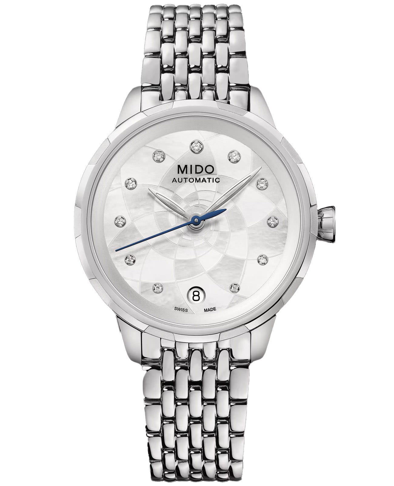 Mido Mido Rainflower M043.207.11.106.00  M0432071110600 механические женские часы белый циферблат, браслет нержавеющая сталь — вид спереди