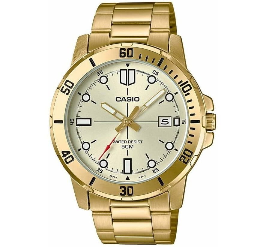 Casio Casio Collection MTP-VD01G-9EVUDF (MTP-VD01G-9E)  MTP-VD01G-9E кварцевые мужские часы золотой циферблат, браслет нержавеющая сталь — вид спереди