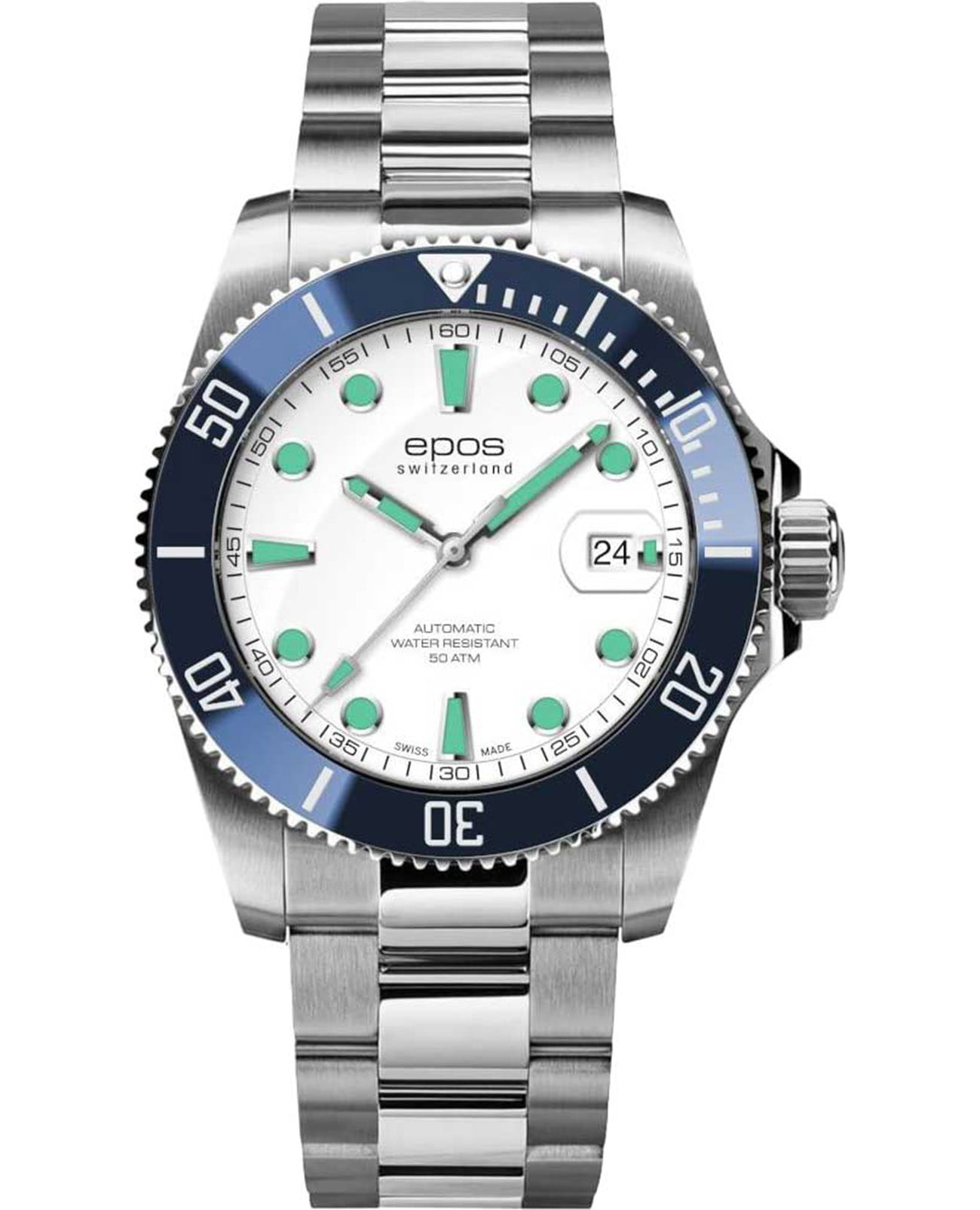 Epos Epos Diver 3504.131.96.10.30  3504.131.96.10.30 механические мужские часы белый циферблат, браслет нержавеющая сталь — вид спереди