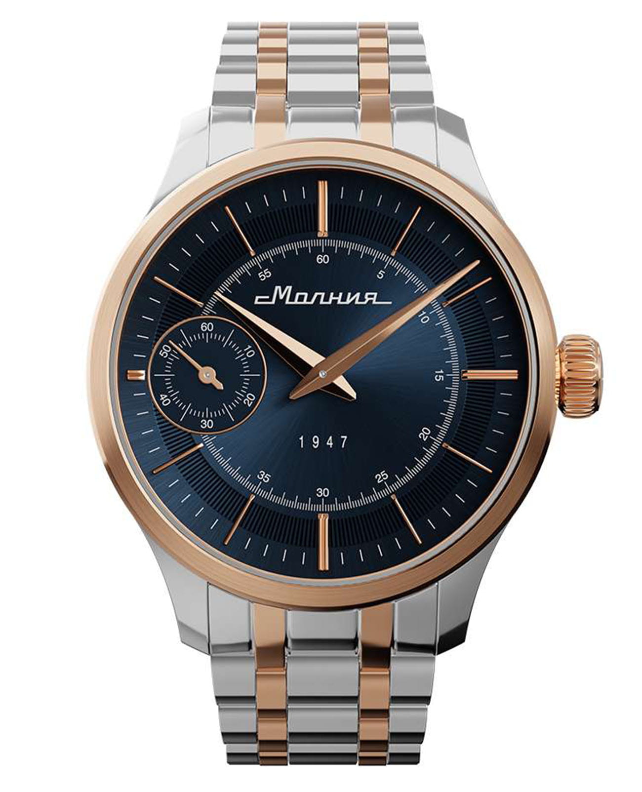 Молния Молния Дебют 0200103-1.0  0200103-1.0 механические мужские часы синий циферблат, браслет нержавеющая сталь с pvd-покрытием — вид спереди