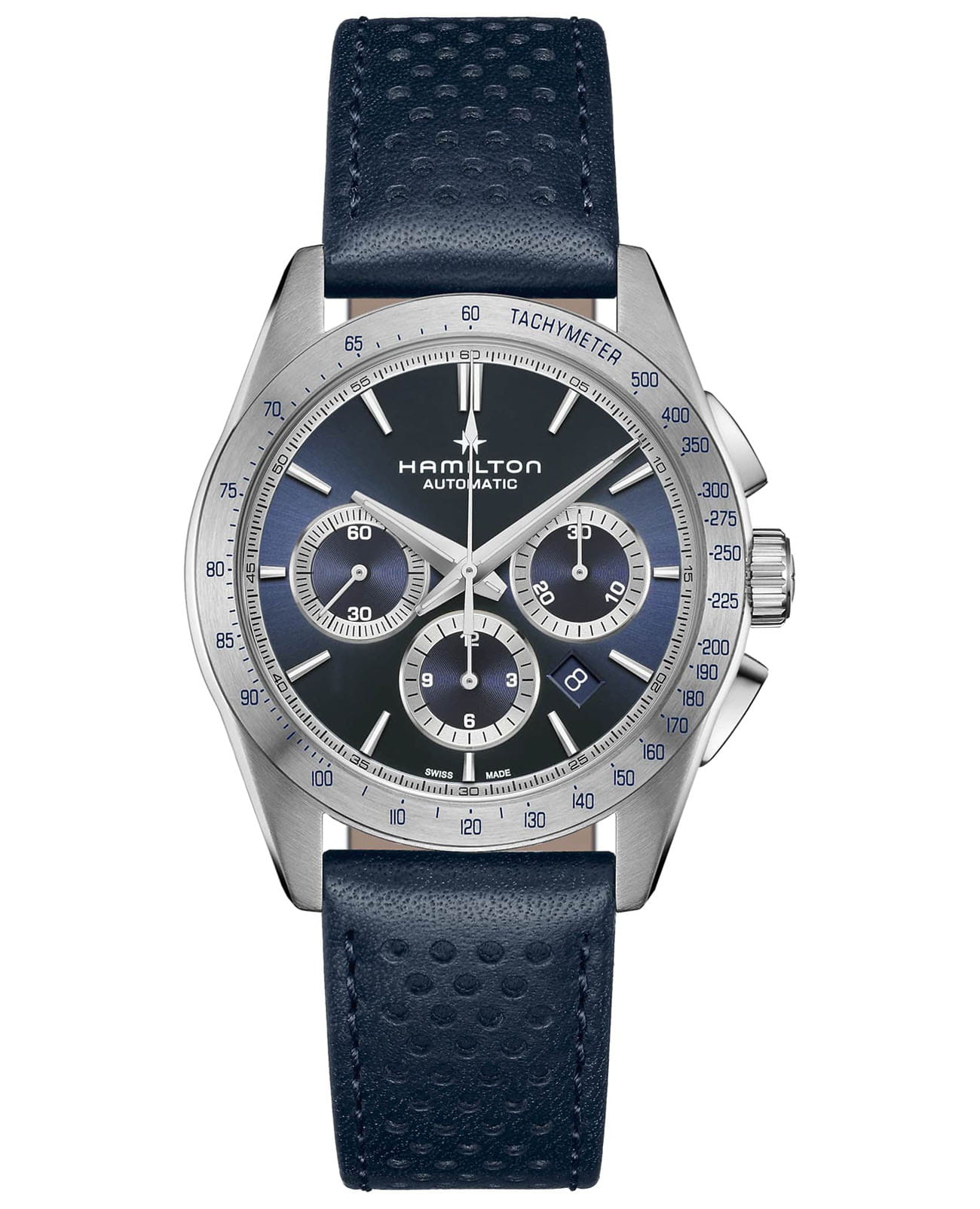 Hamilton Hamilton Jazzmaster Performer Auto Chrono H36616640  H36616640 механические мужские часы синий циферблат, браслет кожаный — вид спереди