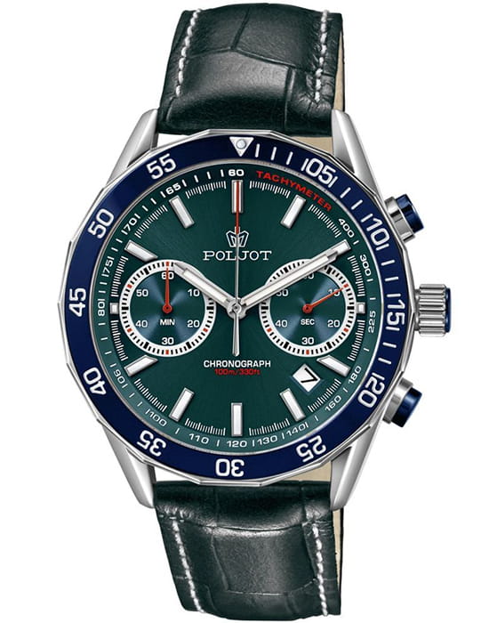 Полет Полет Ладога 6S21.181258  6S21.181258 кварцевые мужские часы зеленый циферблат, браслет кожаный — вид спереди