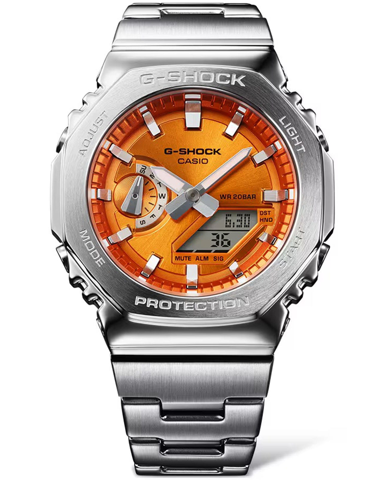 Casio Casio G-Shock GM-2110D-4A GM GM-2110D-4A электронные мужские часы оранжевый циферблат, браслет нержавеющая сталь — вид спереди