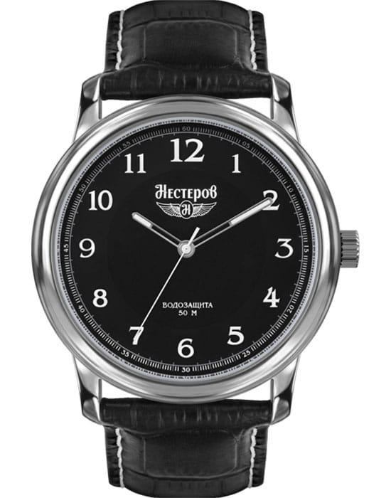 Нестеров Нестеров H0282B02-01E  H0282B02-01E кварцевые мужские часы черный циферблат, браслет кожаный — вид спереди