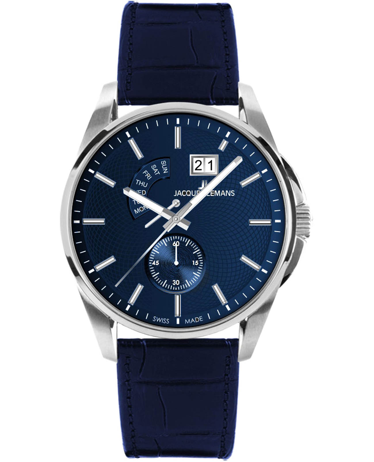 Jacques Lemans Jacques Lemans Derby 1-2199C  1-2199C кварцевые мужские часы синий циферблат, браслет кожаный — вид спереди