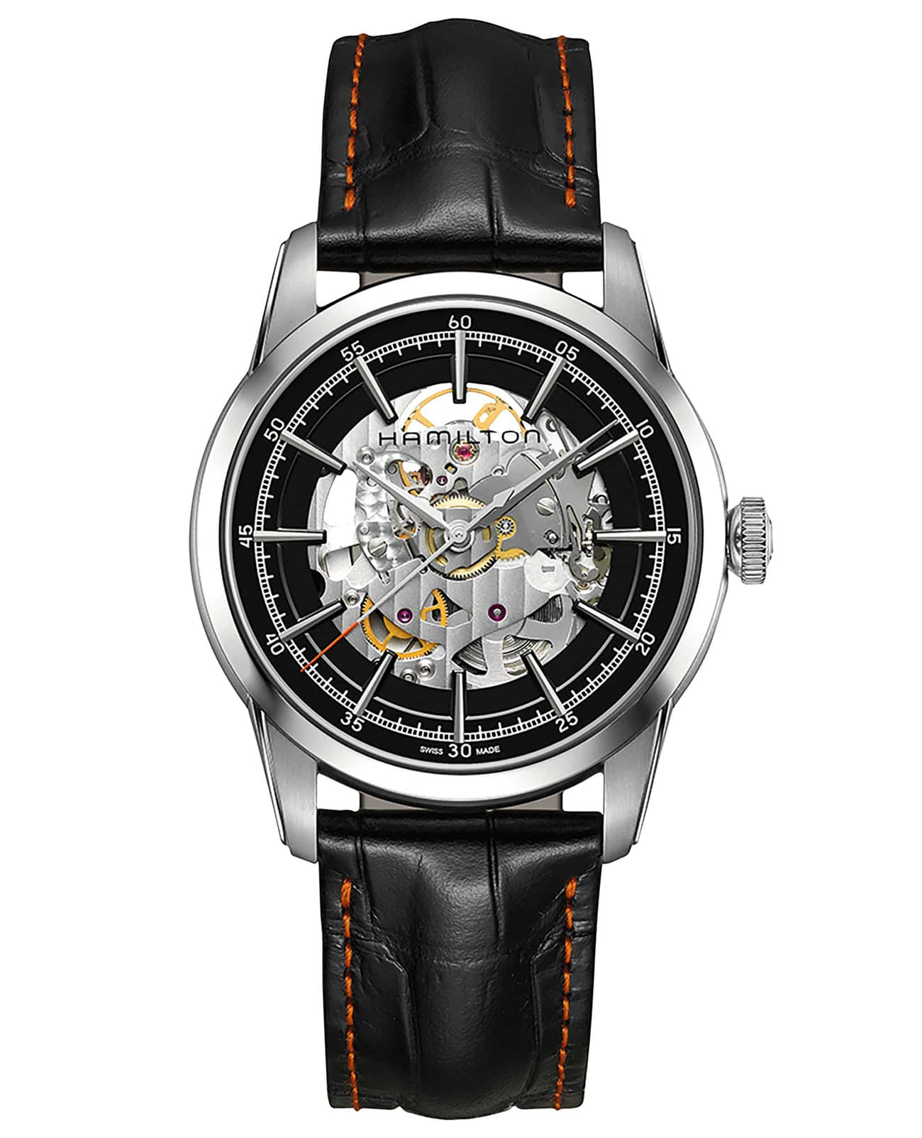 Hamilton Hamilton American Classic RailRoad Skeleton Auto H40655731  H40655731 механические мужские часы  циферблат, браслет кожаный — вид спереди