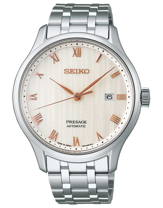 Seiko Seiko Presage SSRPF45J1  SRPF45J1 механические мужские часы розовый циферблат, браслет нержавеющая сталь — вид спереди