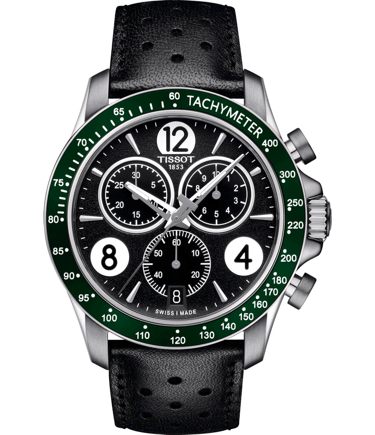 Tissot Tissot V8 Quartz Chronograph T106.417.16.057.00 V8  T1064171605700 кварцевые мужские часы черный циферблат, браслет кожаный — вид спереди
