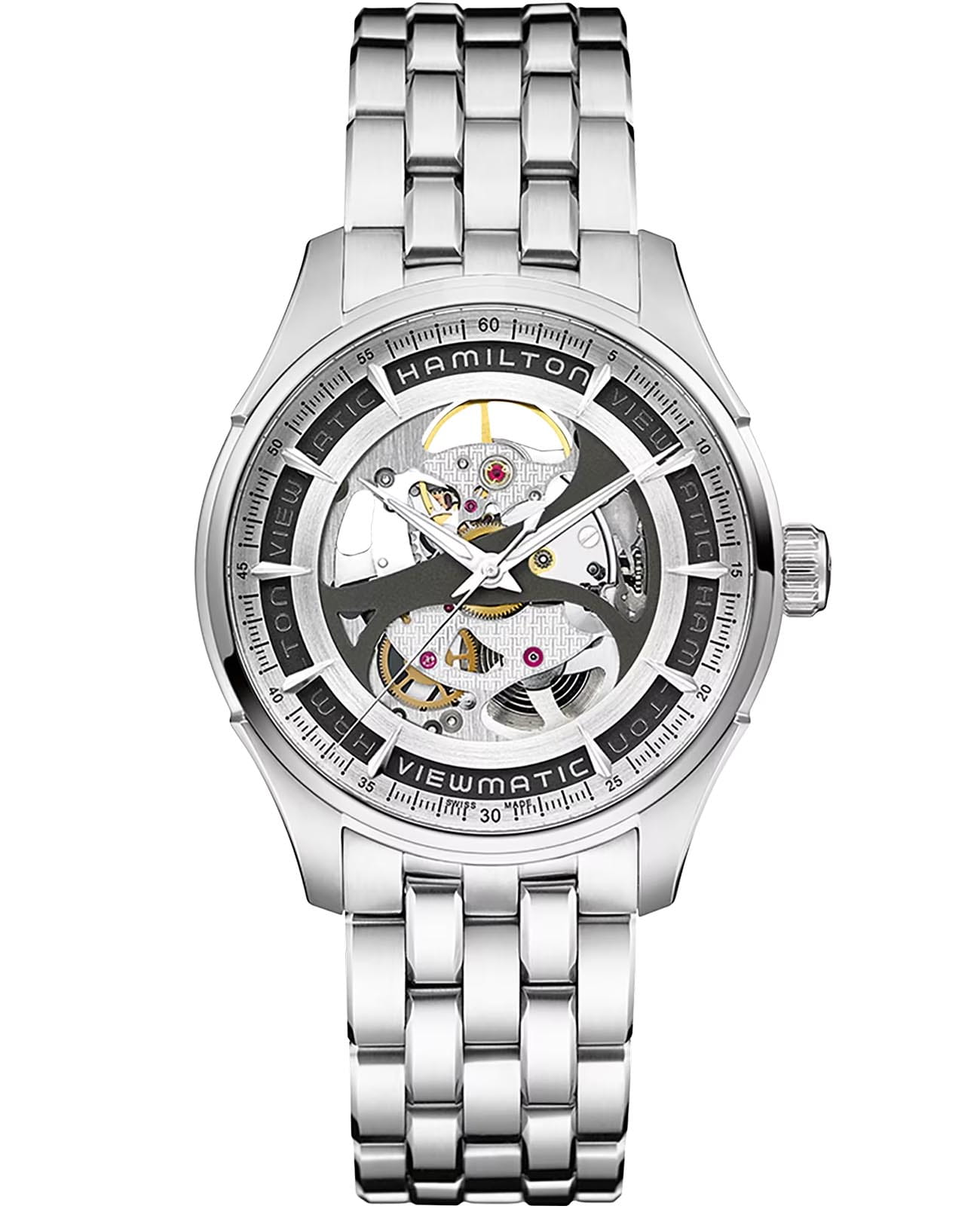 Hamilton Hamilton Jazzmaster Viewmatic Skeleton Gent Auto H42555151  H42555151 механические мужские часы  циферблат, браслет нержавеющая сталь — вид спереди