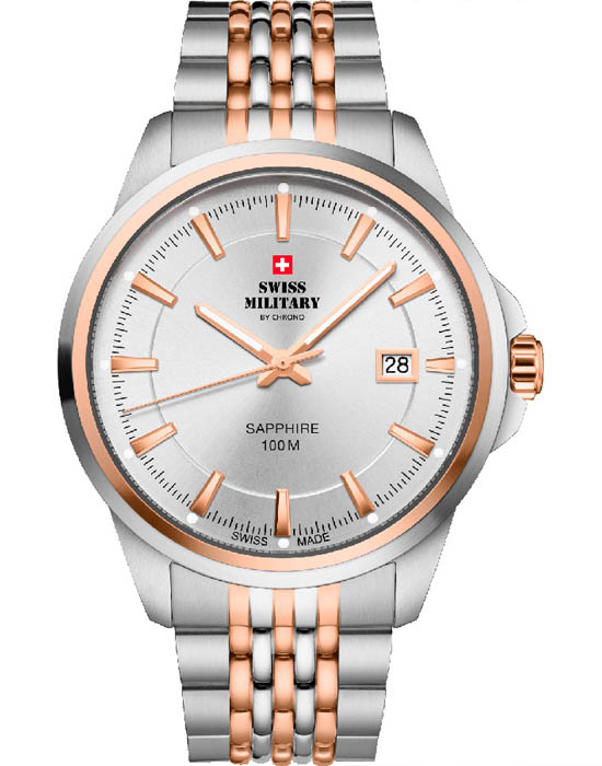 Swiss Military by Chrono Swiss Military by Chrono Classic SM34104.07  SM34104.07 кварцевые мужские часы серебристый циферблат, браслет нержавеющая сталь с pvd-покрытием — вид спереди