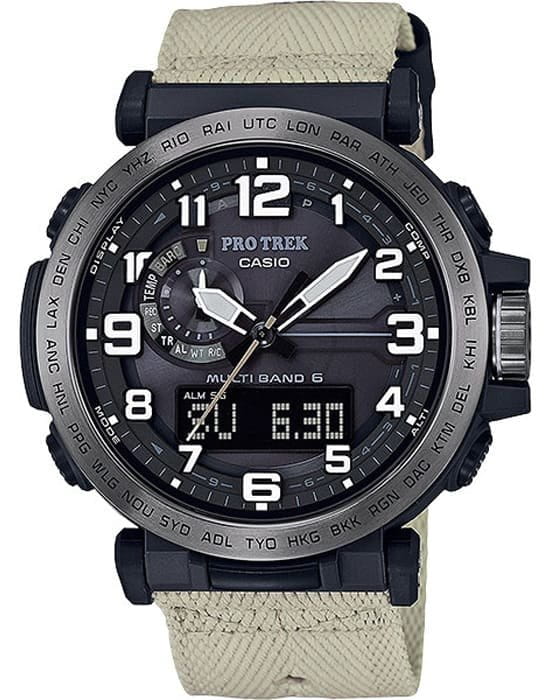 Casio Casio Pro Trek PRW-6600YBE-5E PRW PRW-6600YBE-5E кварцевые мужские часы черный циферблат, браслет тканевый — вид спереди