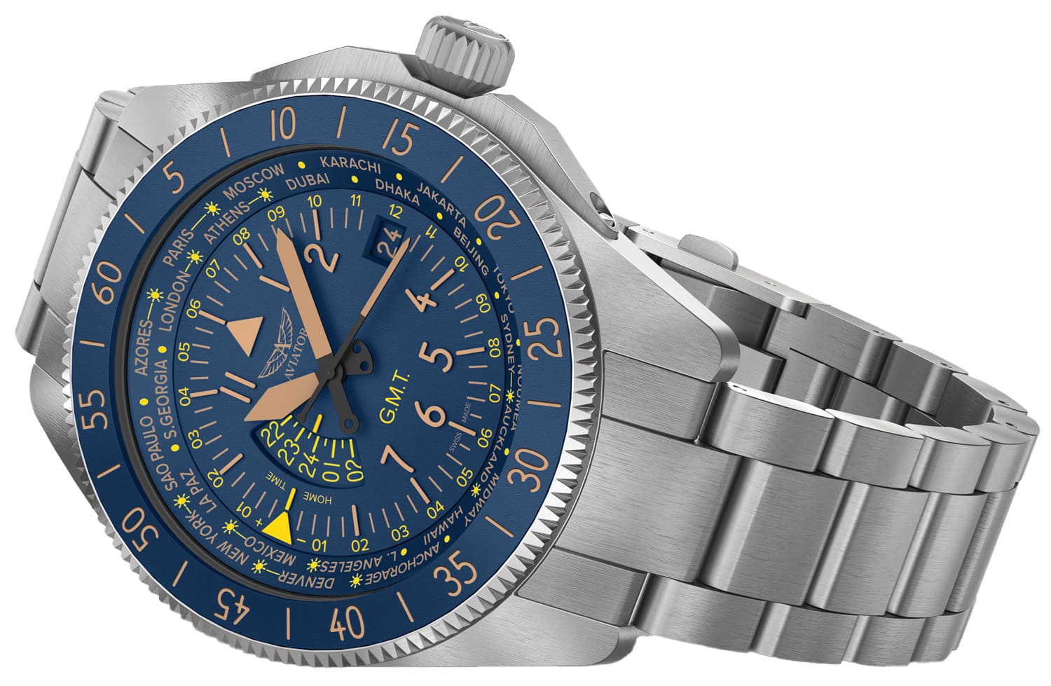 Aviator Aviator Airacobra GMT V.1.37.0.304.5, airacobra швейцария мужские часы на браслете нержавеющая сталь боковой вид