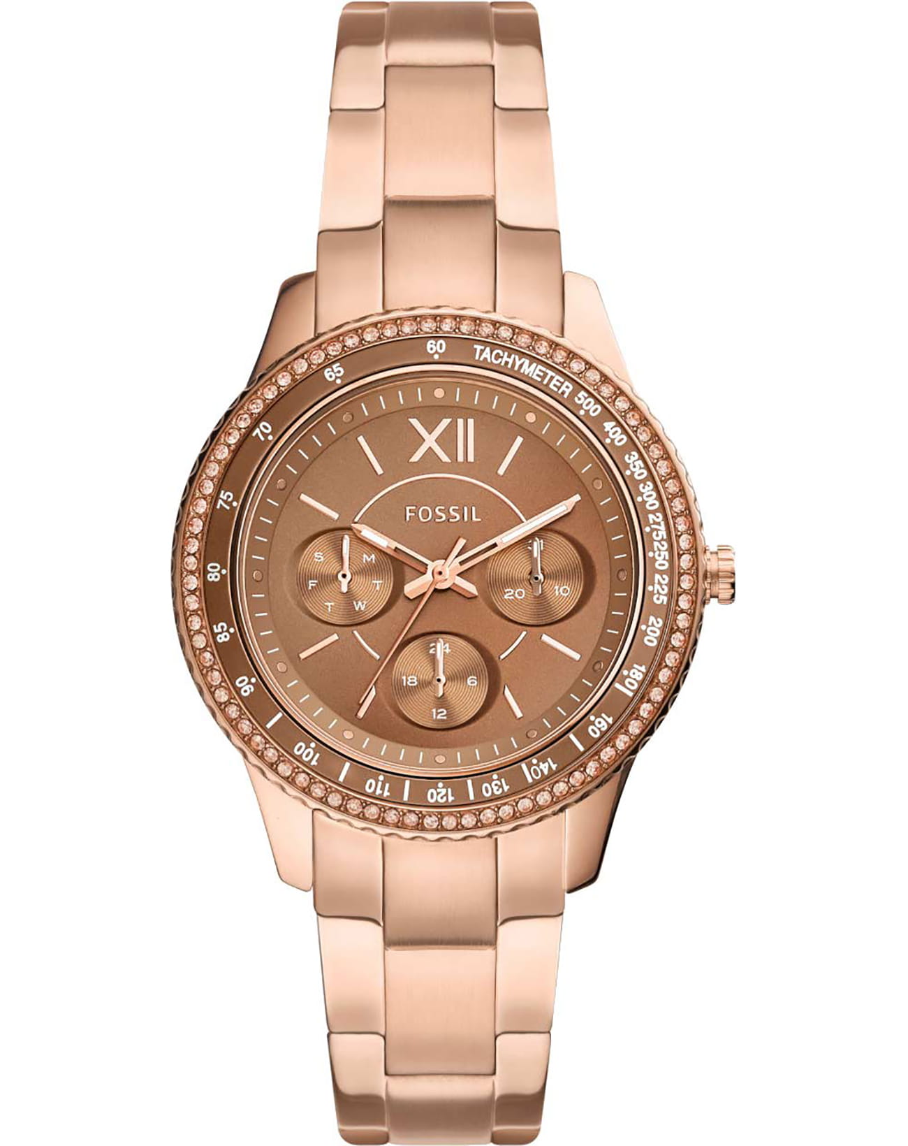 Fossil Fossil Stella  ES5109  ES5109 кварцевые женские часы золотой циферблат, браслет сталь с ip покрытием — вид спереди