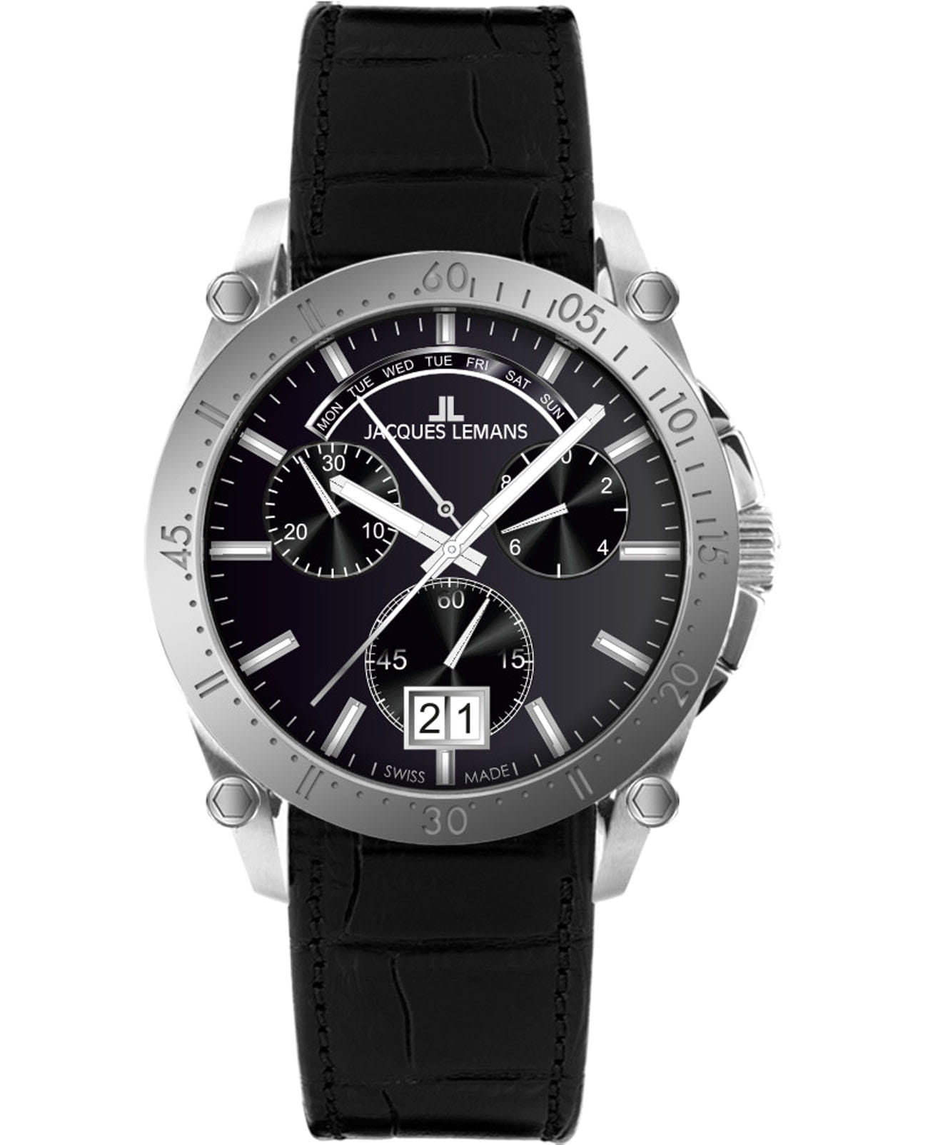 Jacques Lemans Jacques Lemans Derby 1-2198A  1-2198A кварцевые мужские часы черный циферблат, браслет кожаный — вид спереди