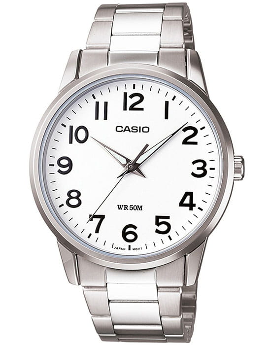 Casio Casio MTP-1303PD-7B  MTP-1303PD-7B кварцевые мужские часы белый циферблат, браслет нержавеющая сталь — вид спереди