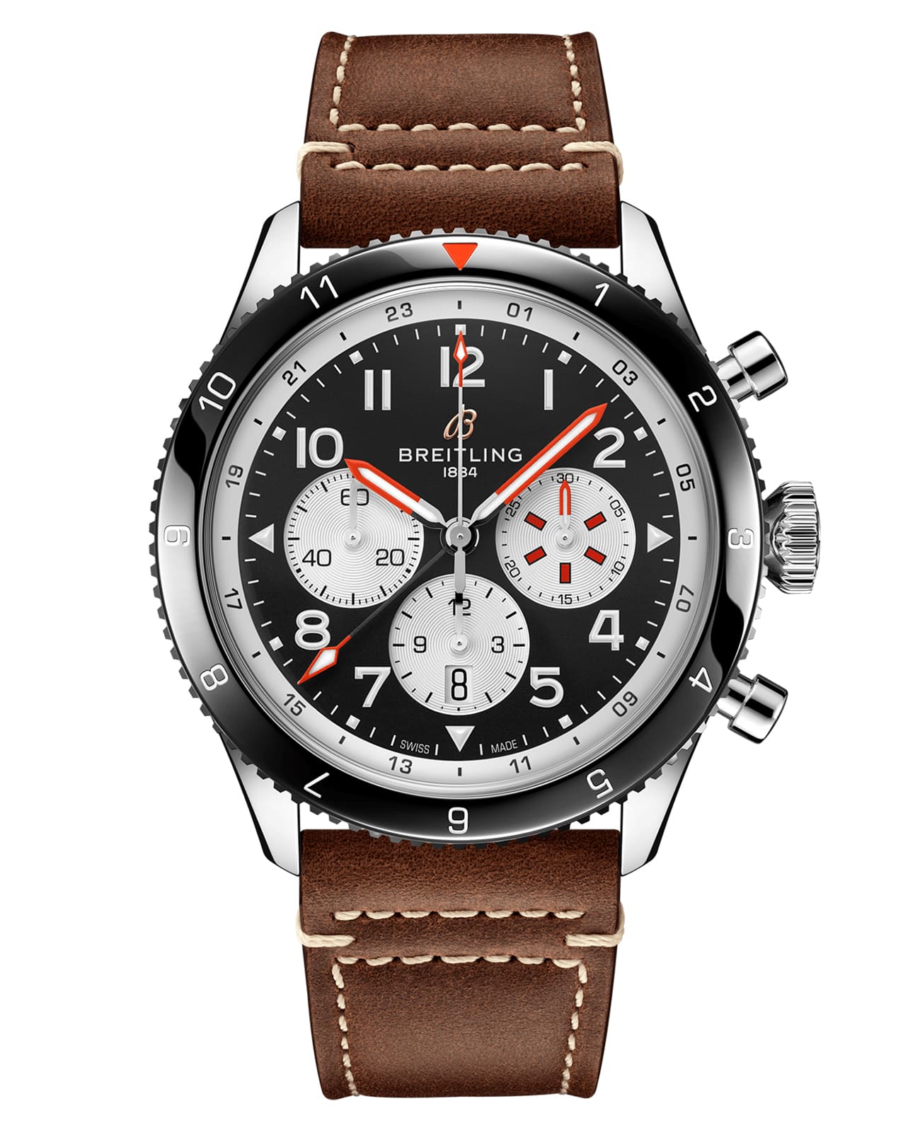 Breitling Breitling Super Avi B04 Chronograph GMT 46 Mosquito YB04451A1B1X1  YB04451A1B1X1 механические мужские часы черный циферблат, браслет кожаный — вид спереди