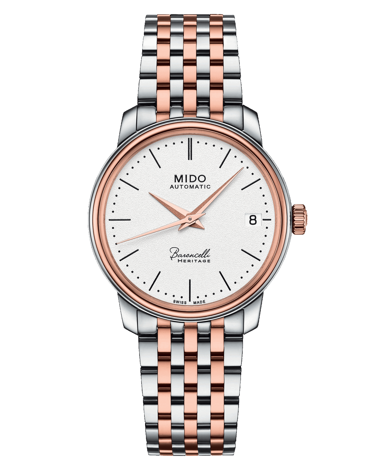 Mido Mido Baroncelli M027.207.22.010.00  M0272072201000 механические женские часы белый циферблат, браслет нержавеющая сталь — вид спереди