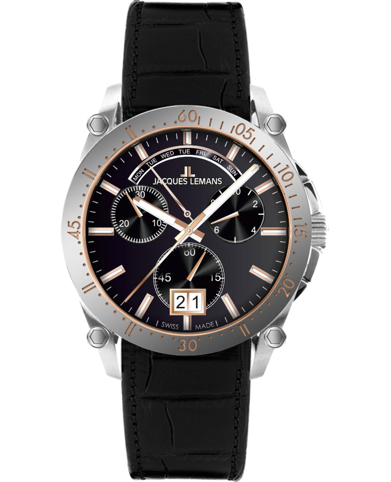 Jacques Lemans Jacques Lemans Derby 1-2198H  1-2198H кварцевые мужские часы черный циферблат, браслет кожаный — вид спереди