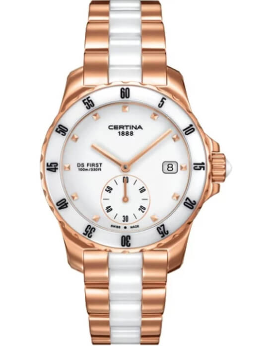Certina Certina DS First Lady Ceramic C014.235.33.011.00 DS First C0142353301100 кварцевые женские часы белый циферблат, браслет каучук — вид спереди