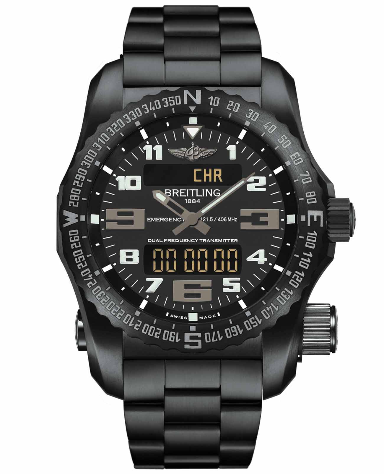Breitling Breitling Emergency V76325221B1V1  V76325221B1V1 кварцевые мужские часы черный циферблат, браслет титановый — вид спереди