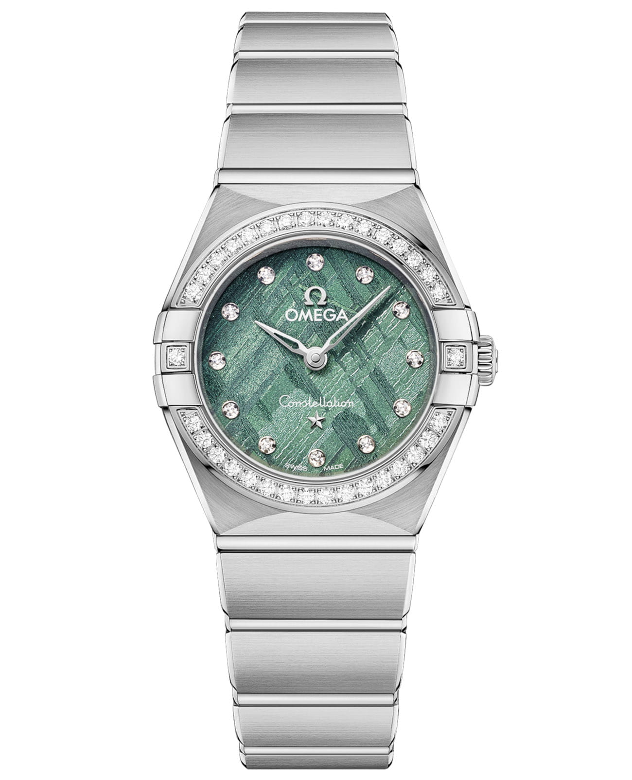 Omega Omega Constellation 131.15.25.60.99.001  13115256099001 кварцевые женские часы зеленый циферблат, браслет нержавеющая сталь — вид спереди