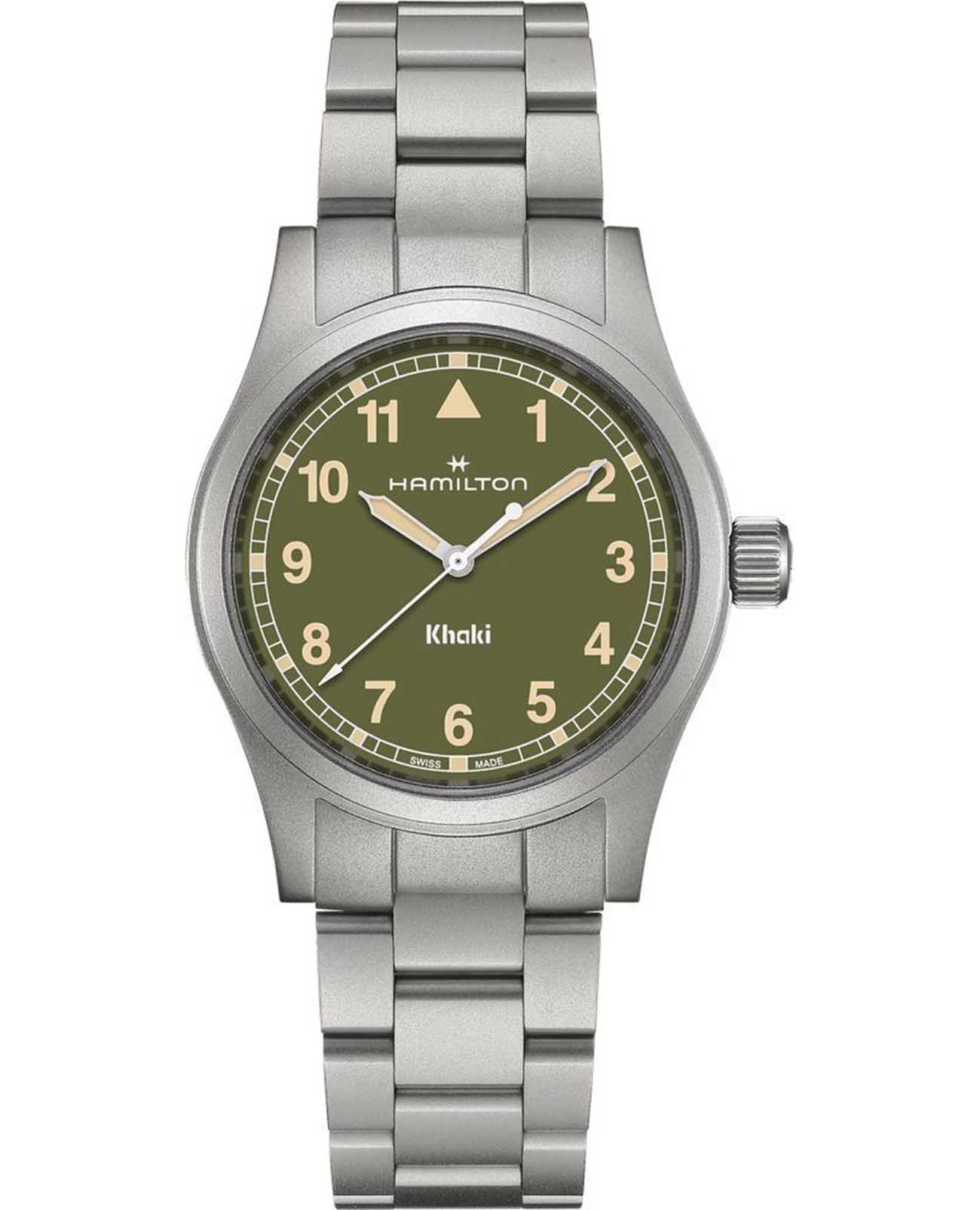 Hamilton Hamilton Khaki Field Quartz 38mm H69401160  H69401160 кварцевые мужские часы зеленый циферблат, браслет нержавеющая сталь — вид спереди