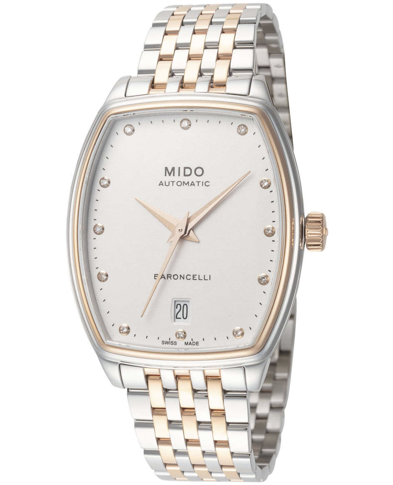 Mido Mido Baroncelli М041.307.22.016.00  M0413072201600 механические женские часы белый циферблат, браслет нержавеющая сталь с pvd-покрытием — вид спереди