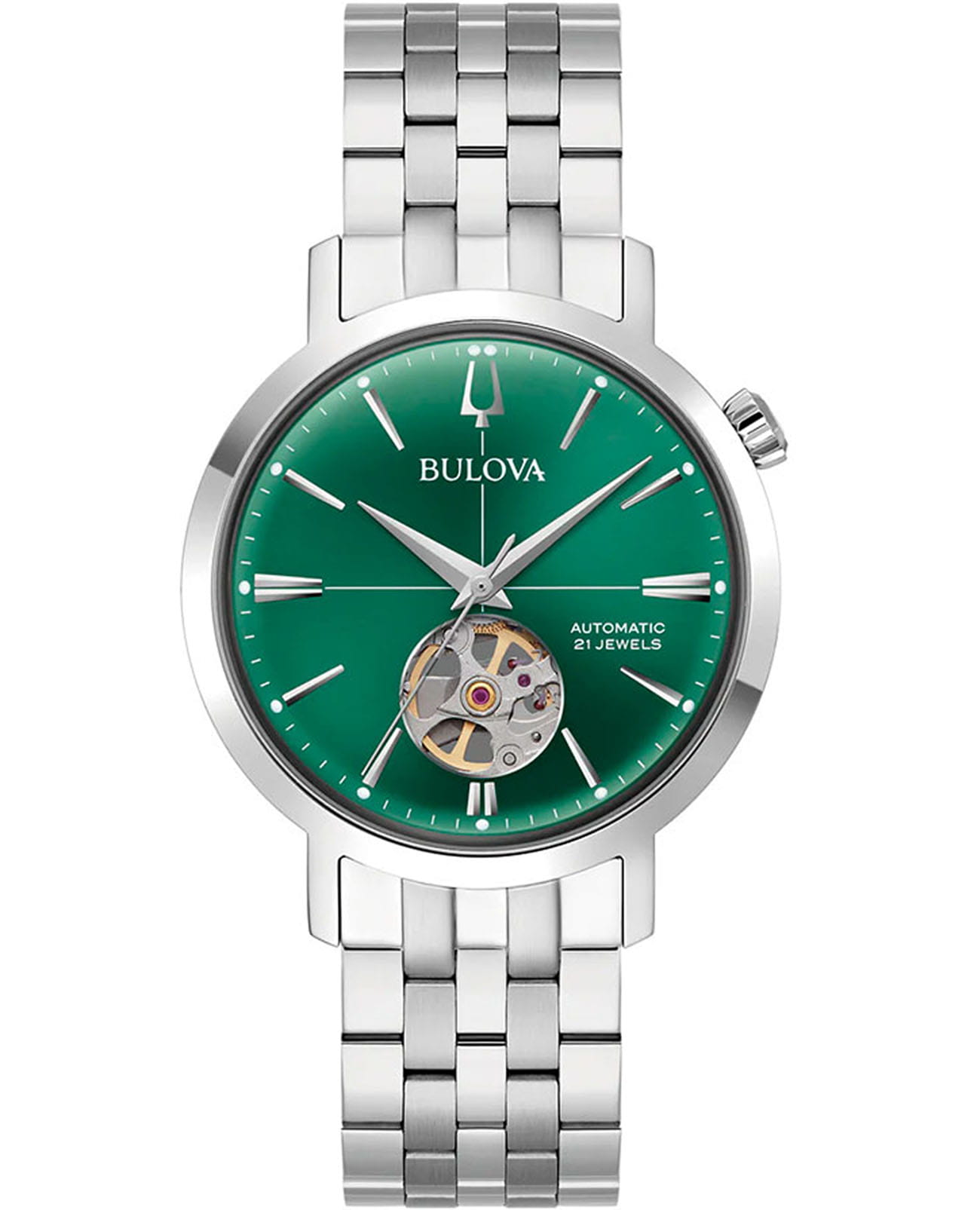 Bulova Bulova Automatic 96A319  96A319 механические мужские часы зеленый циферблат, браслет нержавеющая сталь — вид спереди