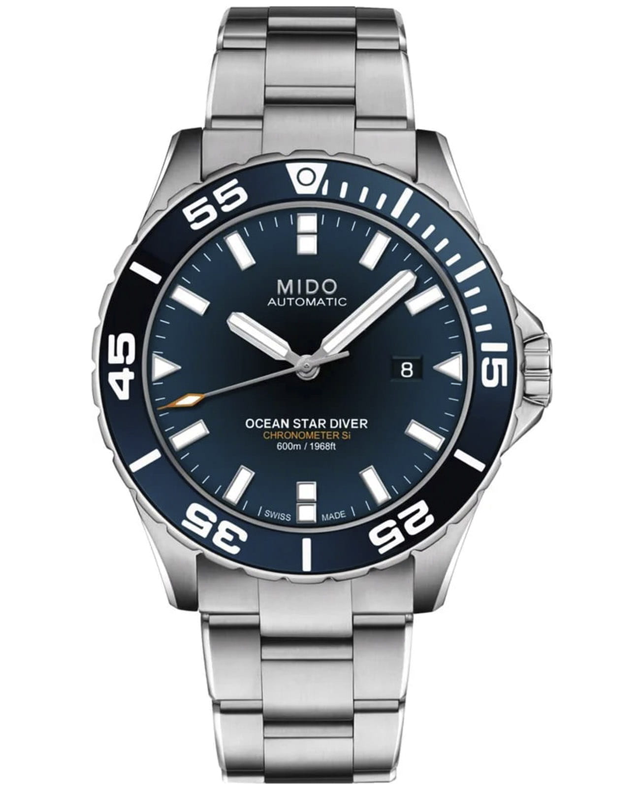 Mido Mido Ocean Star Diver 600 M026.608.11.041.00  M0266081104100 механические мужские часы синий циферблат, браслет нержавеющая сталь — вид спереди