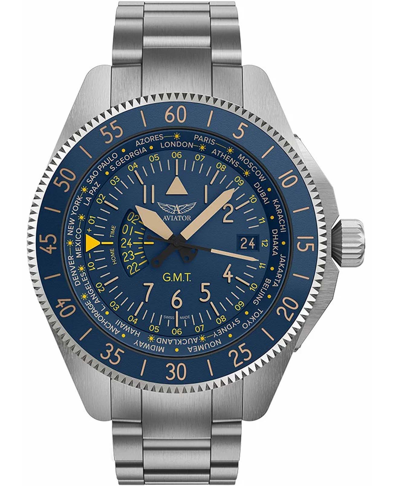 Aviator Aviator Airacobra GMT V.1.37.0.304.5  V.1.37.0.304.5 кварцевые мужские часы синий циферблат, браслет нержавеющая сталь — вид спереди