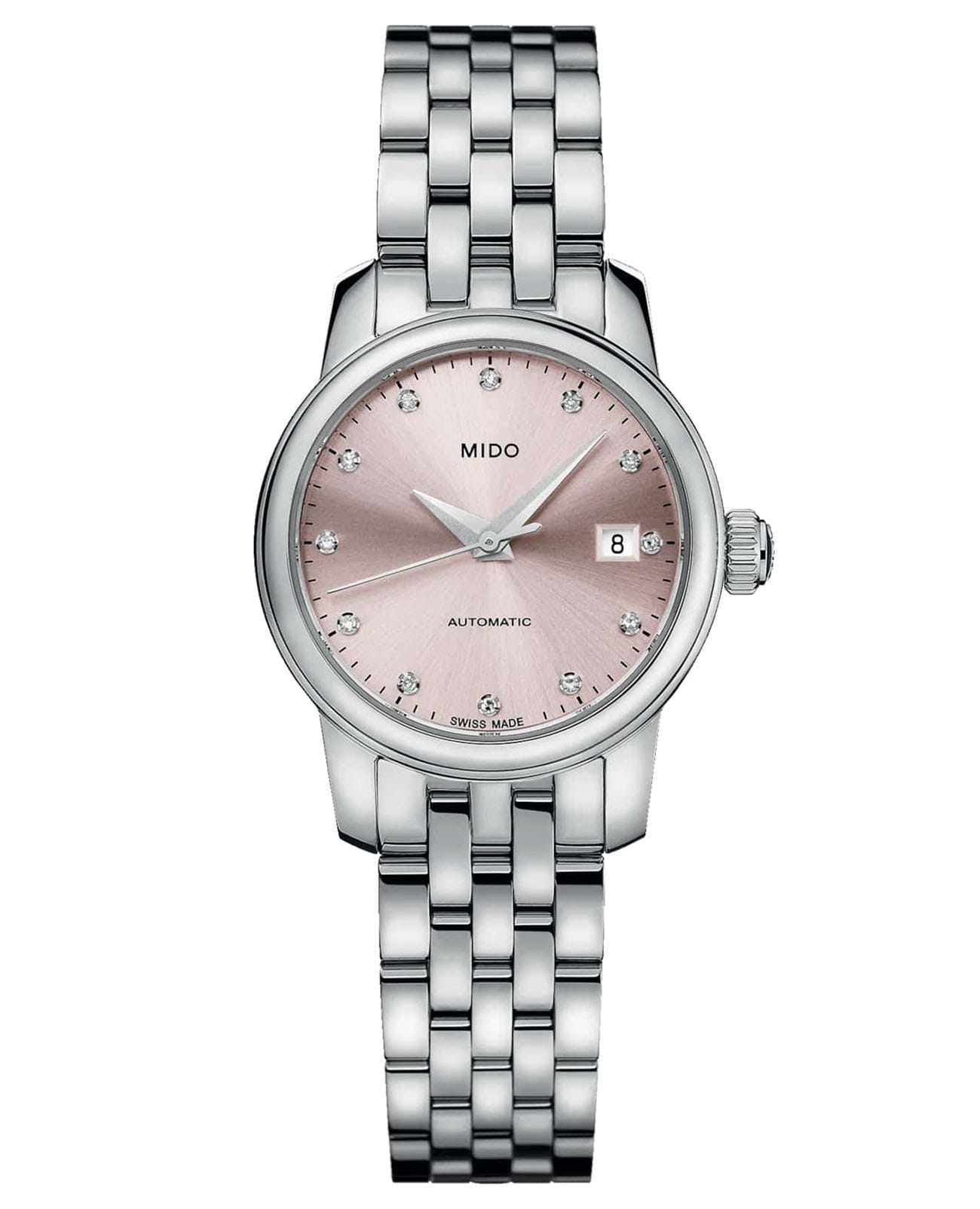 Mido Mido Baroncelli Lady Twenty Five M039.007.11.336.00  M0390071133600 механические женские часы розовый циферблат, браслет нержавеющая сталь — вид спереди