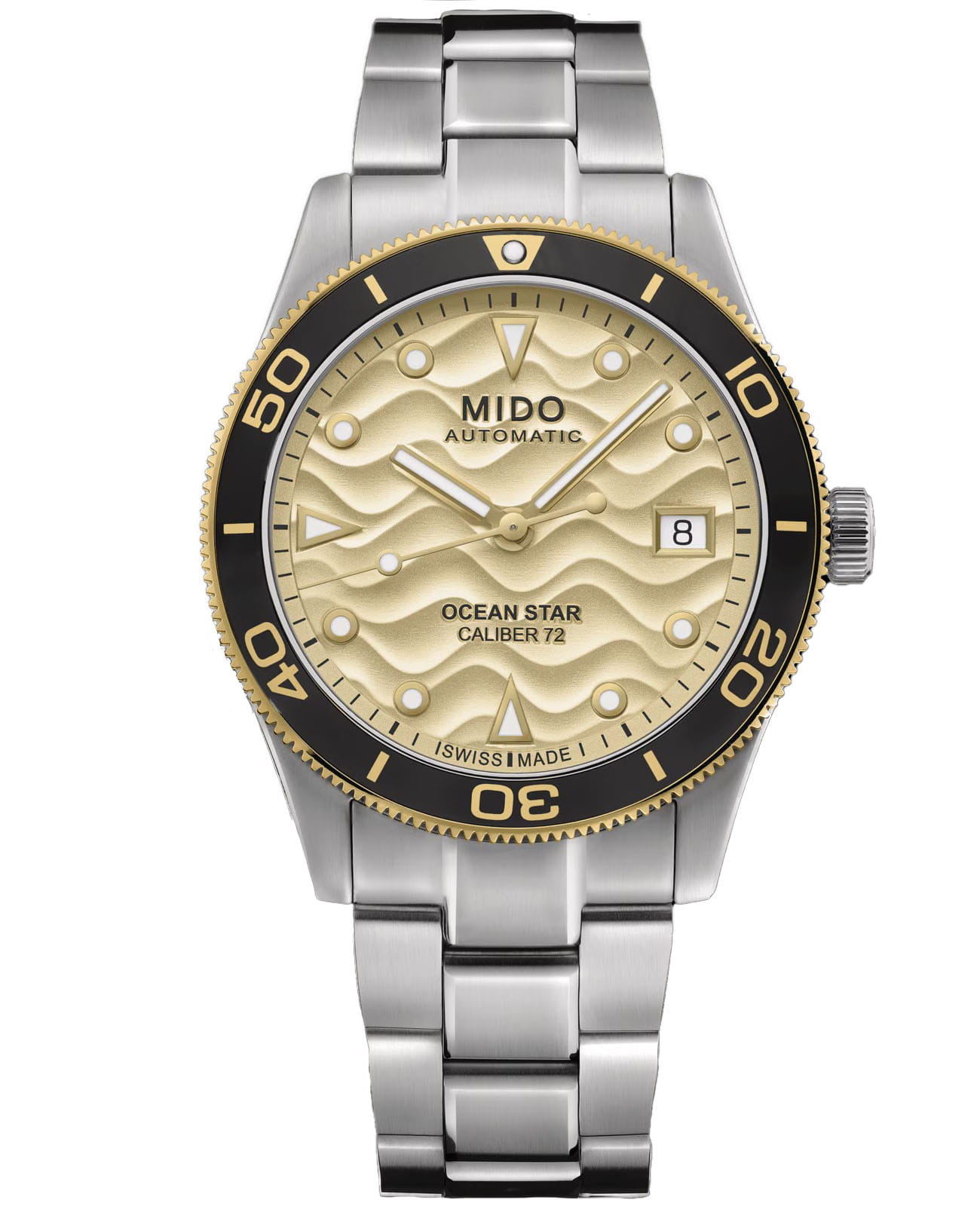 Mido Mido Ocean Star 39 M026.907.21.021.00  M0269072102100 механические женские часы желтый циферблат, браслет нержавеющая сталь — вид спереди