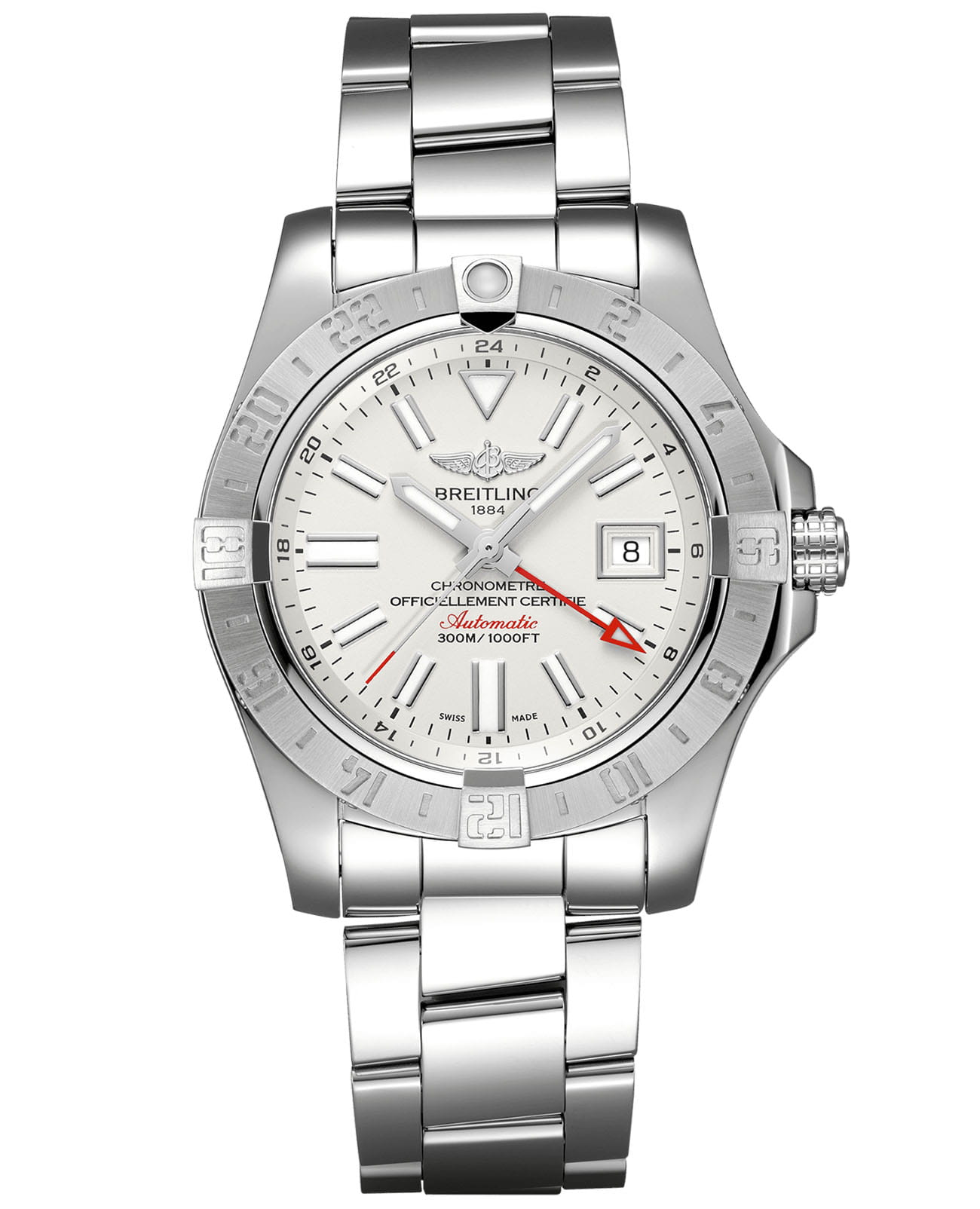 Breitling Breitling Avenger II GMT A32390111G1A1  A32390111G1A1 механические мужские часы серебристый циферблат, браслет нержавеющая сталь — вид спереди