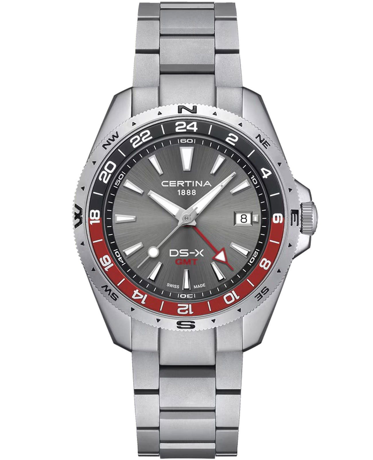 Certina Certina DS-X GMT C047.452.11.081.01 DS-X GMT C0474521108101 кварцевые мужские часы серый циферблат, браслет нержавеющая сталь 316l — вид спереди