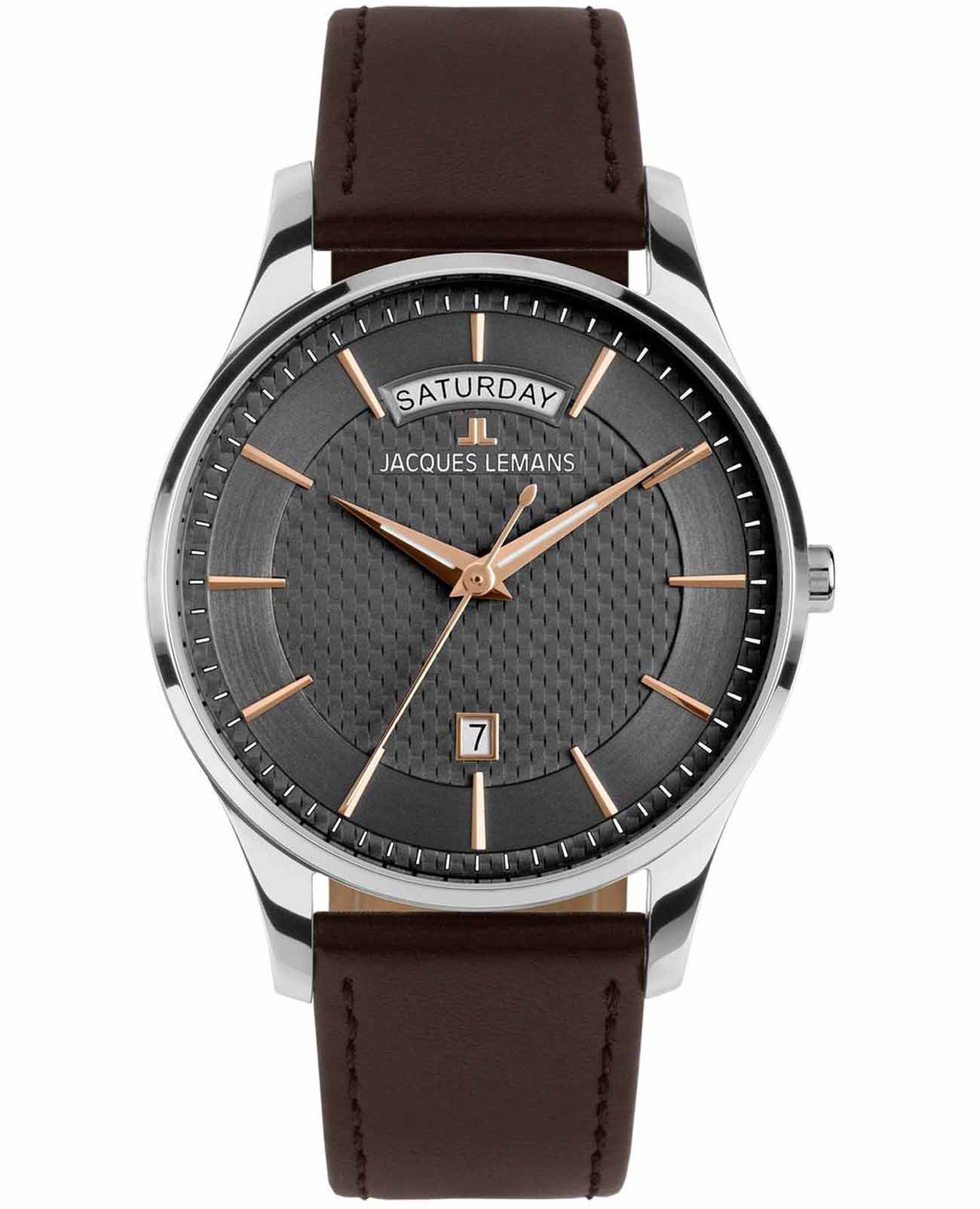 Jacques Lemans Jacques Lemans London 1-2193D  1-2193D кварцевые мужские часы черный циферблат, браслет кожаный — вид спереди