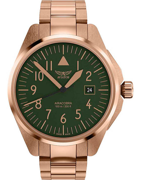 Aviator Aviator Airacobra V.1.38.2.330.5  V.1.38.2.330.5 кварцевые мужские часы зеленый циферблат, браслет нержавеющая сталь с pvd-покрытием — вид спереди