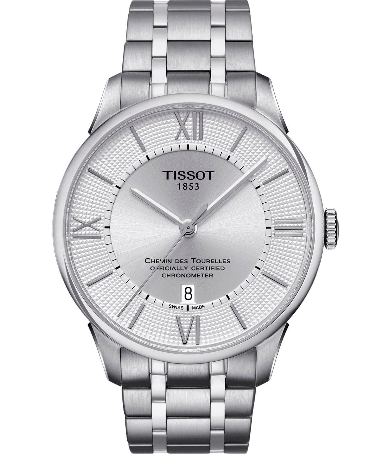 Tissot Tissot Chemin des Tourelles COSC T099.408.11.038.00 Chemin des Tourelles T0994081103800 механические мужские часы белый циферблат, браслет нержавеющая сталь — вид спереди