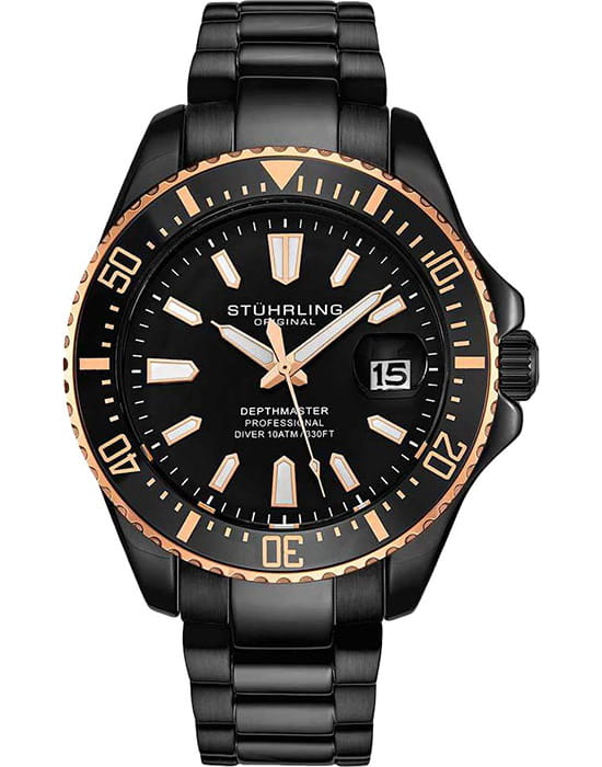 Stuhrling Stuhrling Aquadiver 3950A.9  3950A.9 кварцевые мужские часы черный циферблат, браслет нержавеющая сталь с pvd-покрытием — вид спереди