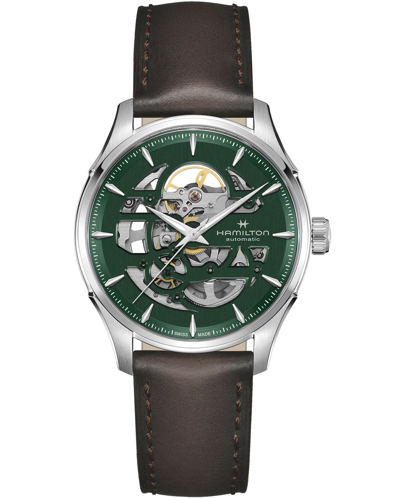 Hamilton Hamilton Jazzmaster Skeleton 40mm H42535560  H42535560 механические мужские часы зеленый циферблат, браслет кожаный — вид спереди