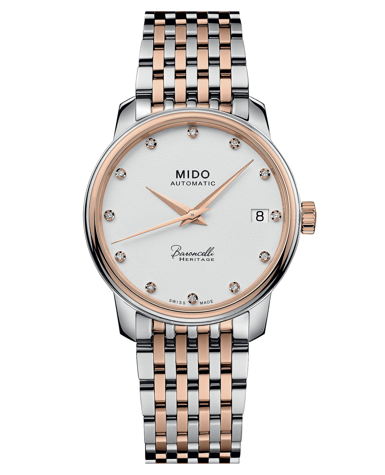 Mido Mido Baroncelli Heritage Lady M027.207.22.016.00  M0272072201600 механические женские часы бежевый циферблат, браслет сталь c pvd покрытием — вид спереди